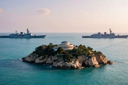 A small island with a circular building and greenery is in the foreground. Two naval ships sail parallel in the background on a calm sea.