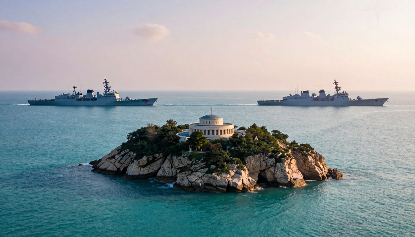 A small island with a circular building and greenery is in the foreground. Two naval ships sail parallel in the background on a calm sea.
