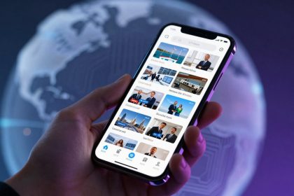 A hand holding a smartphone displaying a news app with various articles and images. The background shows a blurred globe with a digital overlay.