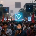A crowd of people marches on a city street, holding smartphones. Red flags are visible among them. Digital icons, including a Wi-Fi symbol, float above, indicating a tech-focused protest.