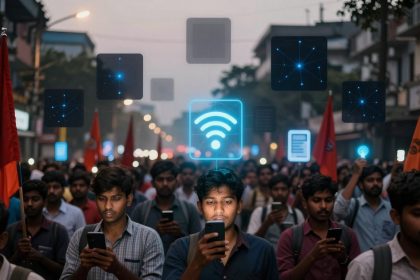 A crowd of people marches on a city street, holding smartphones. Red flags are visible among them. Digital icons, including a Wi-Fi symbol, float above, indicating a tech-focused protest.