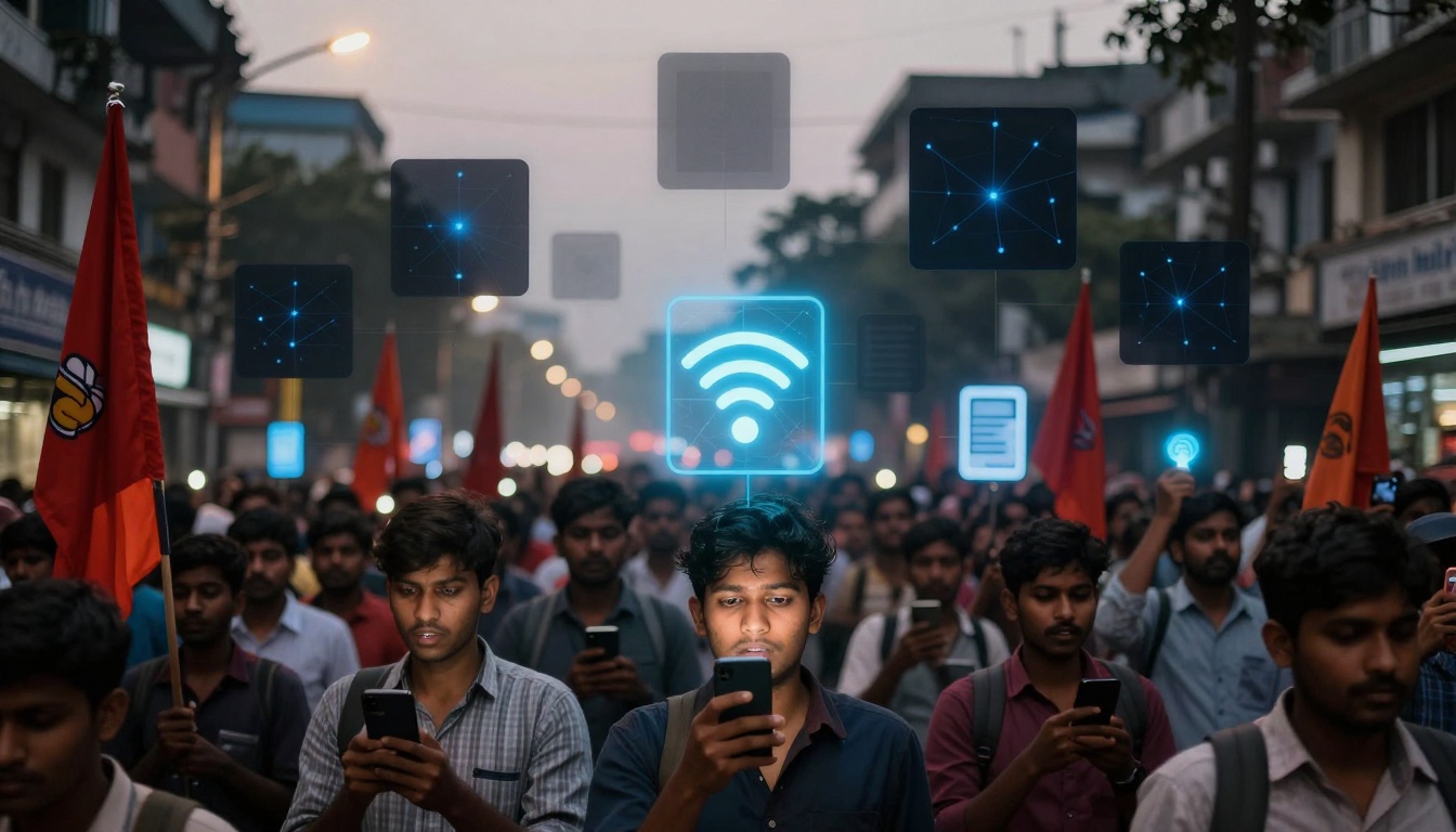 A crowd of people marches on a city street, holding smartphones. Red flags are visible among them. Digital icons, including a Wi-Fi symbol, float above, indicating a tech-focused protest.