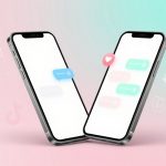Two smartphones with blank screens are angled towards each other on a pink and green gradient background. Floating social media icons and speech bubbles appear around them.