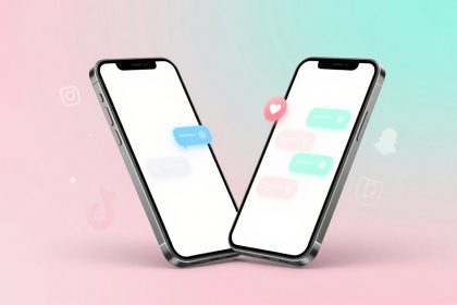 Two smartphones with blank screens are angled towards each other on a pink and green gradient background. Floating social media icons and speech bubbles appear around them.