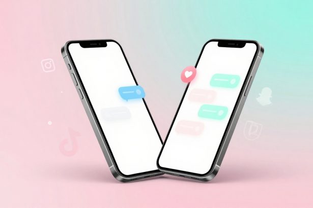 Two smartphones with blank screens are angled towards each other on a pink and green gradient background. Floating social media icons and speech bubbles appear around them.
