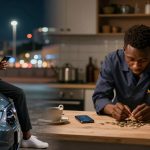 Split image showing two scenes: Left, a man in a gray shirt sits on a car hood at night, smiling at his phone. Right, a man in a dark shirt stacks coins at a kitchen counter with a phone nearby.