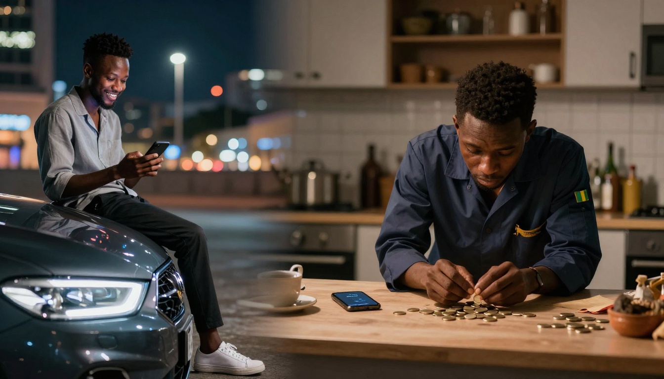 Split image showing two scenes: Left, a man in a gray shirt sits on a car hood at night, smiling at his phone. Right, a man in a dark shirt stacks coins at a kitchen counter with a phone nearby.
