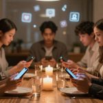 Six people sit around a candlelit table, all looking at their smartphones. Plates and glasses are on the wooden table. Social media icons float above.