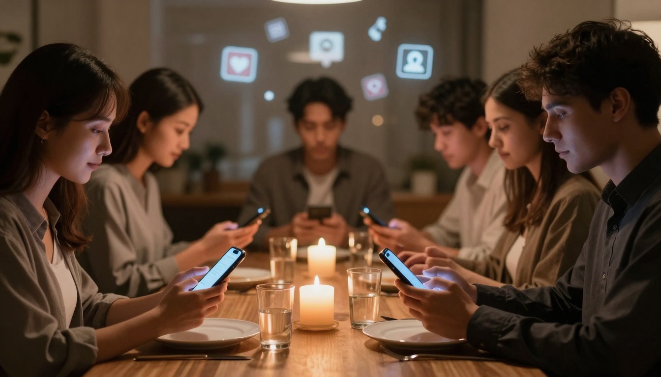 Six people sit around a candlelit table, all looking at their smartphones. Plates and glasses are on the wooden table. Social media icons float above.