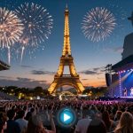 A large crowd watches a concert near the Eiffel Tower at sunset. Fireworks light up the sky, and performers are on a brightly lit stage.
