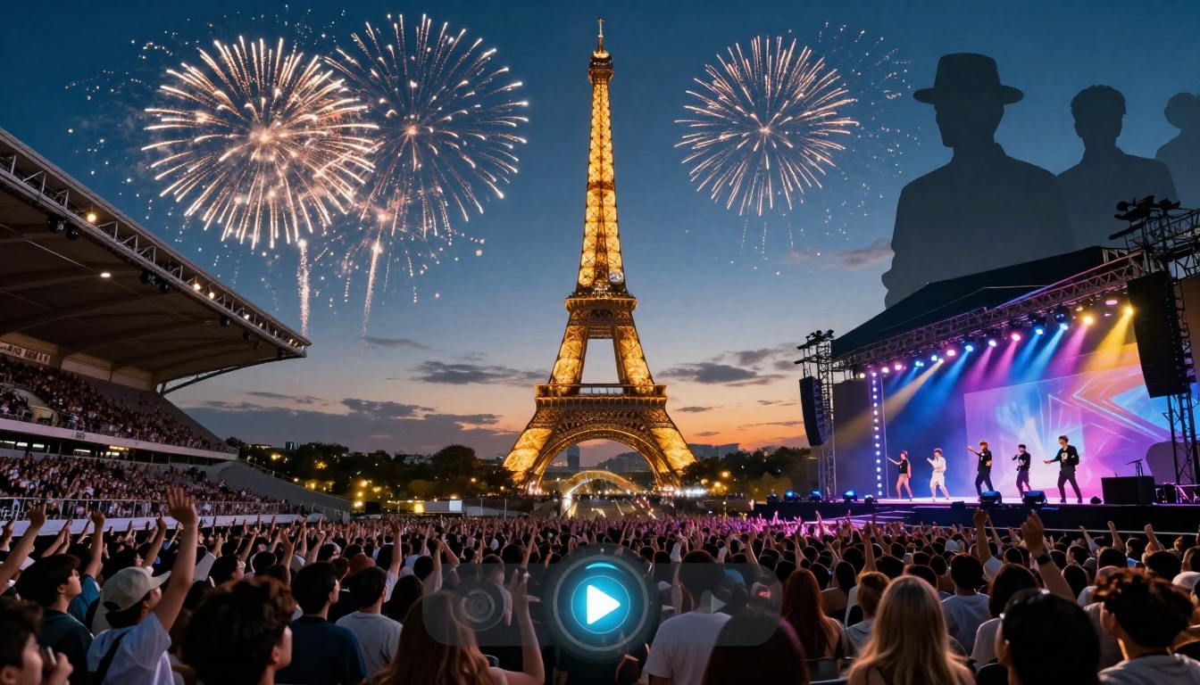 A large crowd watches a concert near the Eiffel Tower at sunset. Fireworks light up the sky, and performers are on a brightly lit stage.