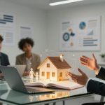 A man in a suit is speaking in a meeting room, gesturing towards a glowing house model and digital family figures on a book. Three people listen attentively, with charts on the wall in the background.