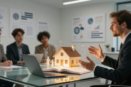 A man in a suit is speaking in a meeting room, gesturing towards a glowing house model and digital family figures on a book. Three people listen attentively, with charts on the wall in the background.