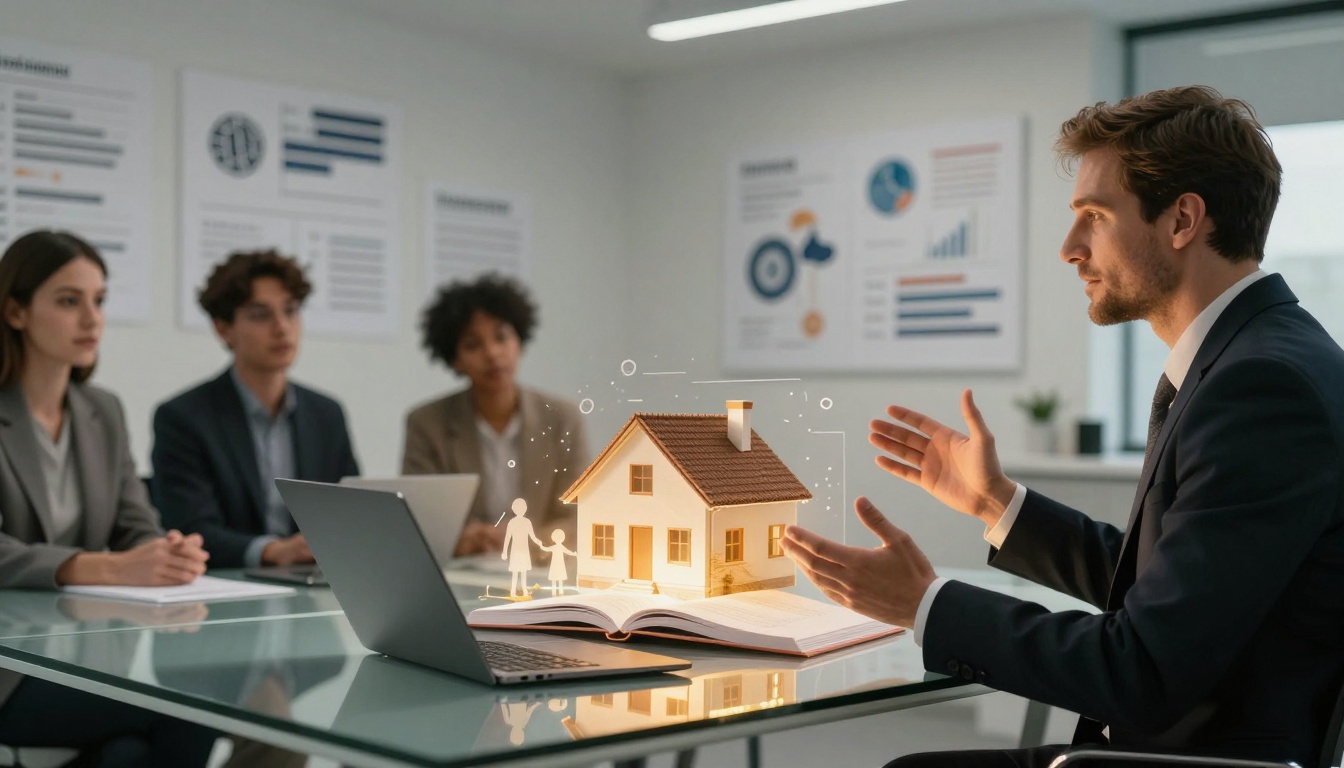 A man in a suit is speaking in a meeting room, gesturing towards a glowing house model and digital family figures on a book. Three people listen attentively, with charts on the wall in the background.