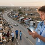 A healthcare worker in blue scrubs uses a smartphone in a disaster-stricken area with debris and damaged buildings. Drones and digital icons hover, indicating technology use. Four people in safety gear stand on the road.