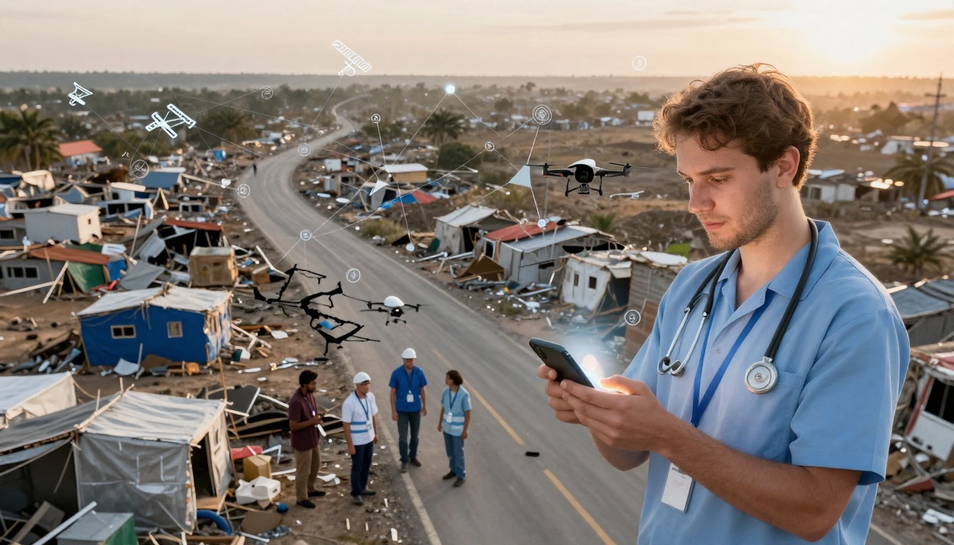 A healthcare worker in blue scrubs uses a smartphone in a disaster-stricken area with debris and damaged buildings. Drones and digital icons hover, indicating technology use. Four people in safety gear stand on the road.