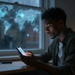 A person sits at a table using a smartphone, with a digital map and network icons projected on a rainy window behind them.