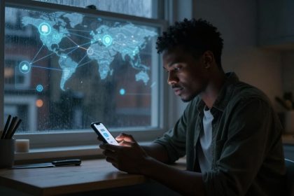 A person sits at a table using a smartphone, with a digital map and network icons projected on a rainy window behind them.