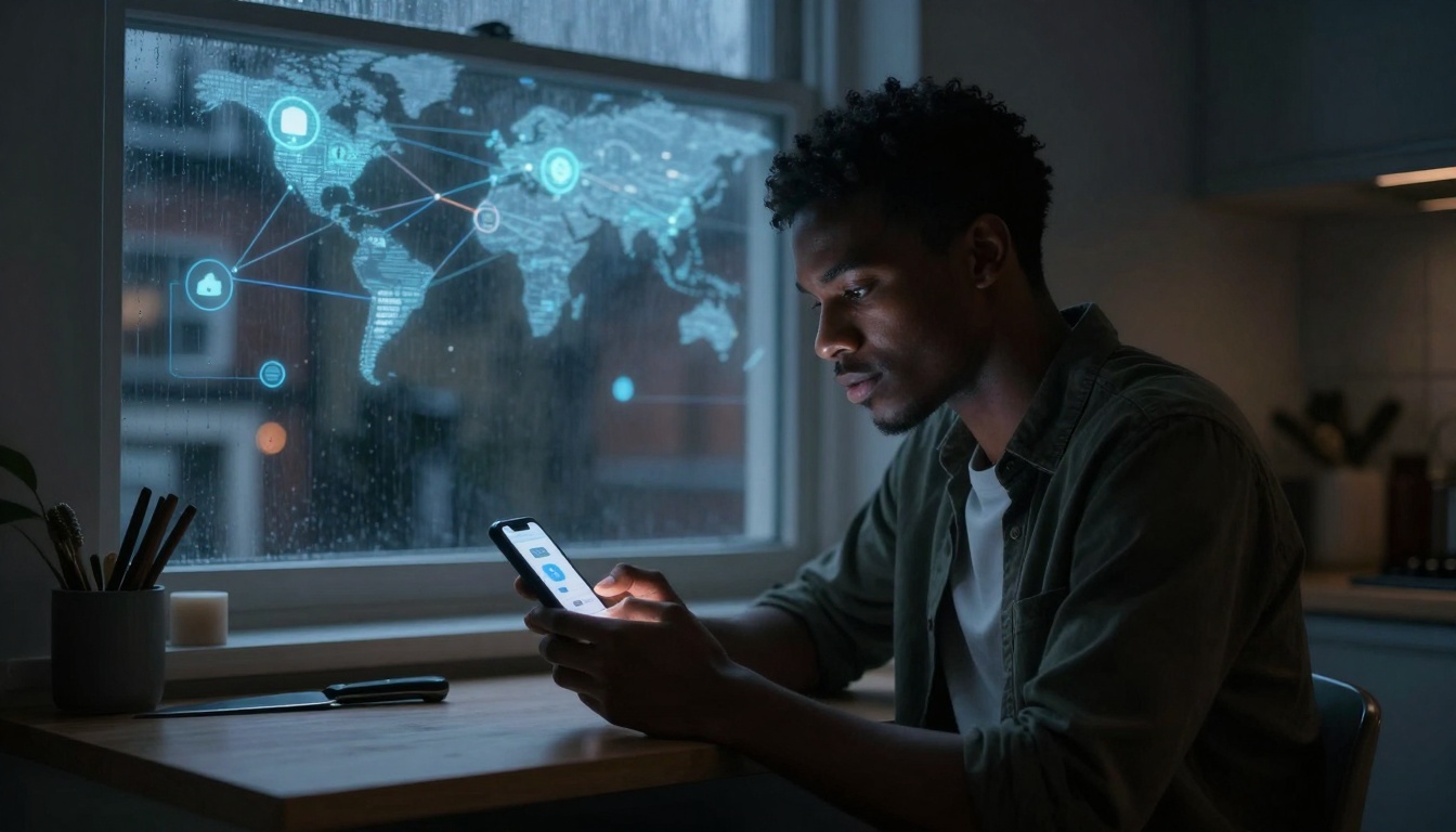 A person sits at a table using a smartphone, with a digital map and network icons projected on a rainy window behind them.