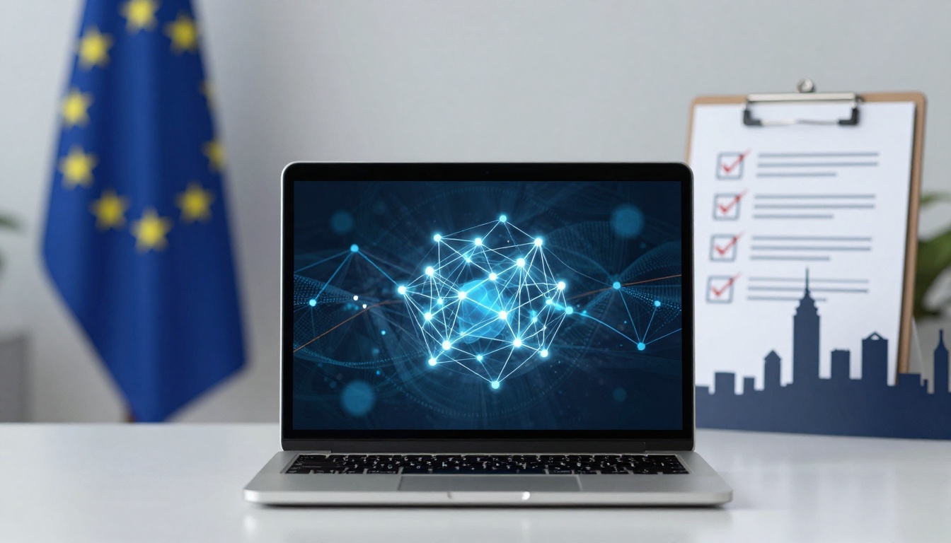 A laptop displaying a digital network diagram with glowing nodes on a desk. An EU flag is in the background, next to a clipboard with a checklist and a city skyline cutout.