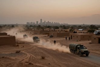 Convoy of military trucks driving on a dusty desert road through a village with sand-colored buildings at dusk. City skyline visible in the distance.