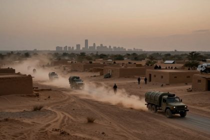 Convoy of military trucks driving on a dusty desert road through a village with sand-colored buildings at dusk. City skyline visible in the distance.