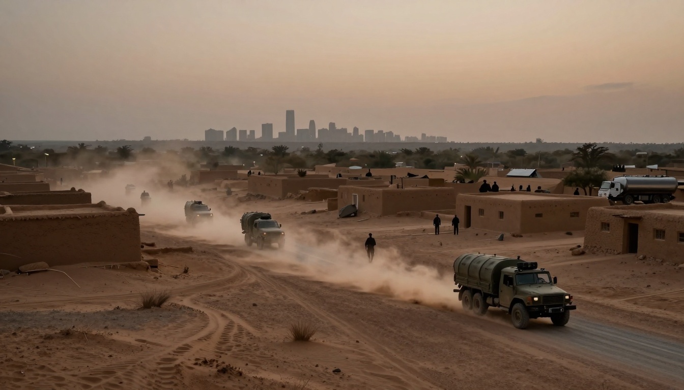 Convoy of military trucks driving on a dusty desert road through a village with sand-colored buildings at dusk. City skyline visible in the distance.