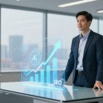 A man in a suit stands in a modern office, looking at a holographic display on a glass table. The display shows a graph with an upward trend, the letters "AI," and "SEO." The office has large windows and potted plants.