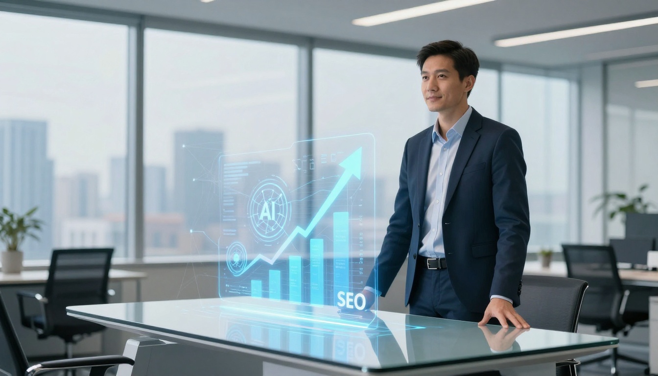 A man in a suit stands in a modern office, looking at a holographic display on a glass table. The display shows a graph with an upward trend, the letters "AI," and "SEO." The office has large windows and potted plants.