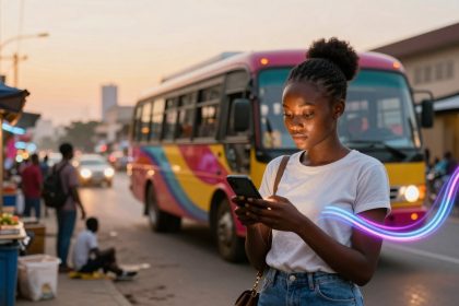 A woman in a white t-shirt stands on a busy street at sunset, looking at her phone. A colorful bus is in the background, and a market stall with lights is visible on the left. A faint neon light trail curves around her.