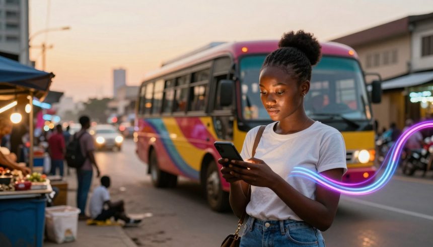 A woman in a white t-shirt stands on a busy street at sunset, looking at her phone. A colorful bus is in the background, and a market stall with lights is visible on the left. A faint neon light trail curves around her.