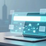 Futuristic laptop on a desk displaying a holographic interface with a search bar, network diagram, and digital documents, against a cityscape backdrop.