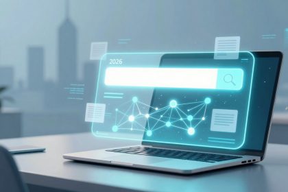 Futuristic laptop on a desk displaying a holographic interface with a search bar, network diagram, and digital documents, against a cityscape backdrop.