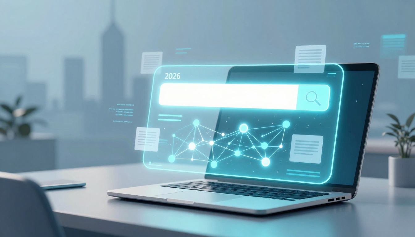 Futuristic laptop on a desk displaying a holographic interface with a search bar, network diagram, and digital documents, against a cityscape backdrop.