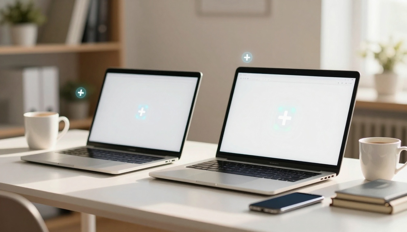Two laptops with blank screens and plus signs sit on a white table. Nearby are two coffee mugs, a smartphone, and notebooks. Shelves and a window with plants are in the background.