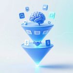 Two blue funnels stacked vertically, with a brain and digital icons above the top funnel, and a handshake between dollar signs below.