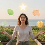 A woman stands in a garden by the sea, wearing a white shirt. Floating icons around her include a leaf, star, clapping hands, and a dollar sign.