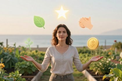 A woman stands in a garden by the sea, wearing a white shirt. Floating icons around her include a leaf, star, clapping hands, and a dollar sign.