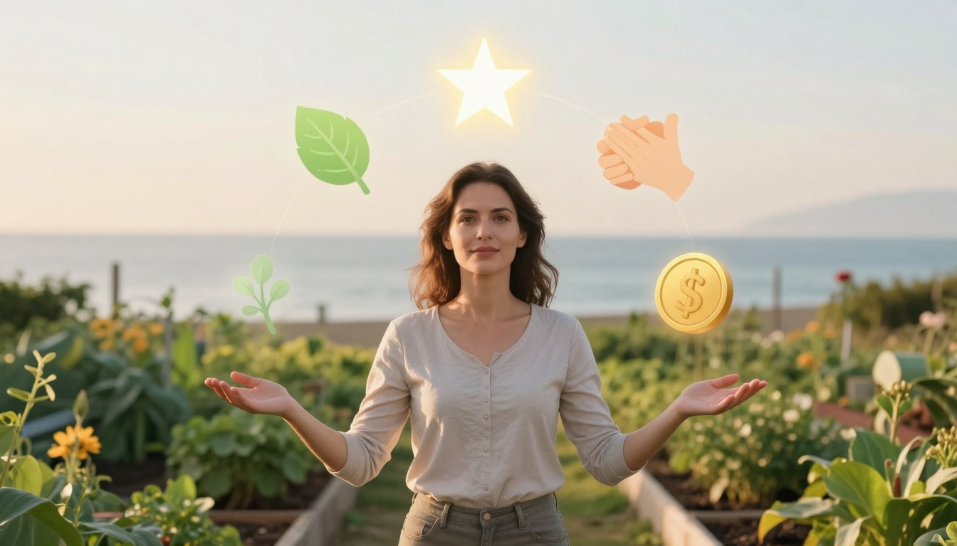 A woman stands in a garden by the sea, wearing a white shirt. Floating icons around her include a leaf, star, clapping hands, and a dollar sign.