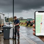 A person in work attire adjusts a street fixture next to a garbage bin on a wet road. A garbage truck is on the left, and a red tractor is in the background. A hand holds a smartphone showing a map app in the foreground. Dark clouds loom overhead.