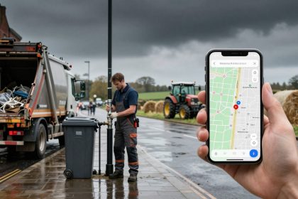 A person in work attire adjusts a street fixture next to a garbage bin on a wet road. A garbage truck is on the left, and a red tractor is in the background. A hand holds a smartphone showing a map app in the foreground. Dark clouds loom overhead.