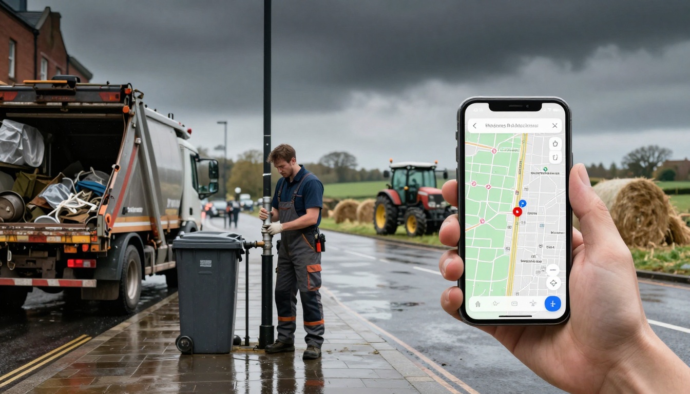 A person in work attire adjusts a street fixture next to a garbage bin on a wet road. A garbage truck is on the left, and a red tractor is in the background. A hand holds a smartphone showing a map app in the foreground. Dark clouds loom overhead.