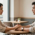 A man and woman sit across from each other at a table in a cafe, holding hands. They are wearing light-colored shirts and looking into each other's eyes. A plant and condiment set are visible in the background.