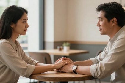 A man and woman sit across from each other at a table in a cafe, holding hands. They are wearing light-colored shirts and looking into each other's eyes. A plant and condiment set are visible in the background.