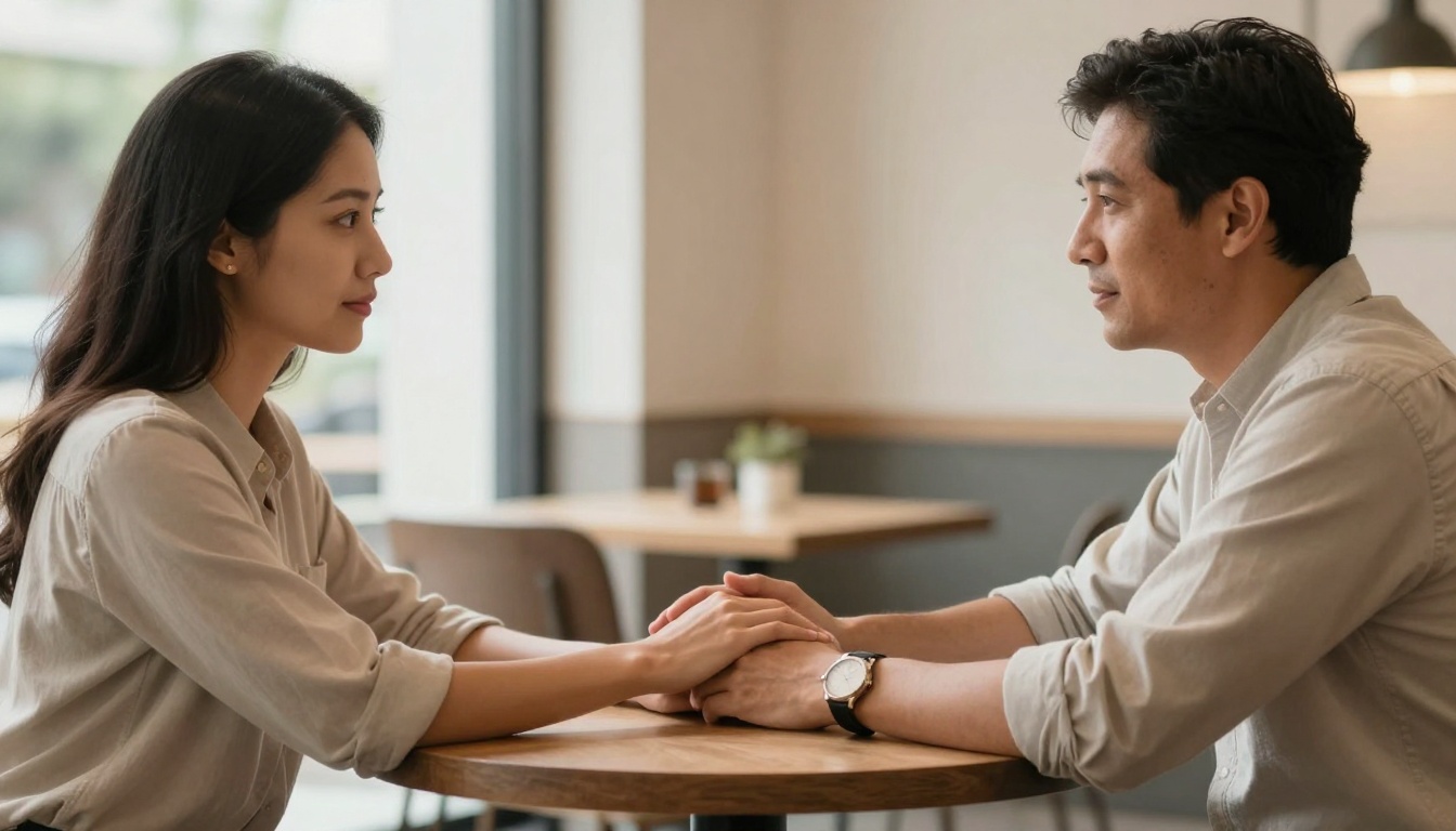 A man and woman sit across from each other at a table in a cafe, holding hands. They are wearing light-colored shirts and looking into each other's eyes. A plant and condiment set are visible in the background.