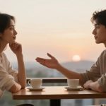 A man and woman sit across from each other at a table with coffee cups, engaged in conversation. The setting sun is visible in the background.