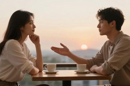 A man and woman sit across from each other at a table with coffee cups, engaged in conversation. The setting sun is visible in the background.