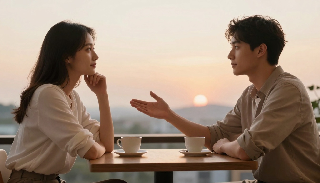 A man and woman sit across from each other at a table with coffee cups, engaged in conversation. The setting sun is visible in the background.