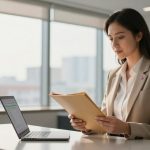 A woman in a beige blazer sits at a desk in an office, holding a folder. A laptop is open in front of her, and large windows in the background let in natural light.