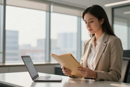 A woman in a beige blazer sits at a desk in an office, holding a folder. A laptop is open in front of her, and large windows in the background let in natural light.